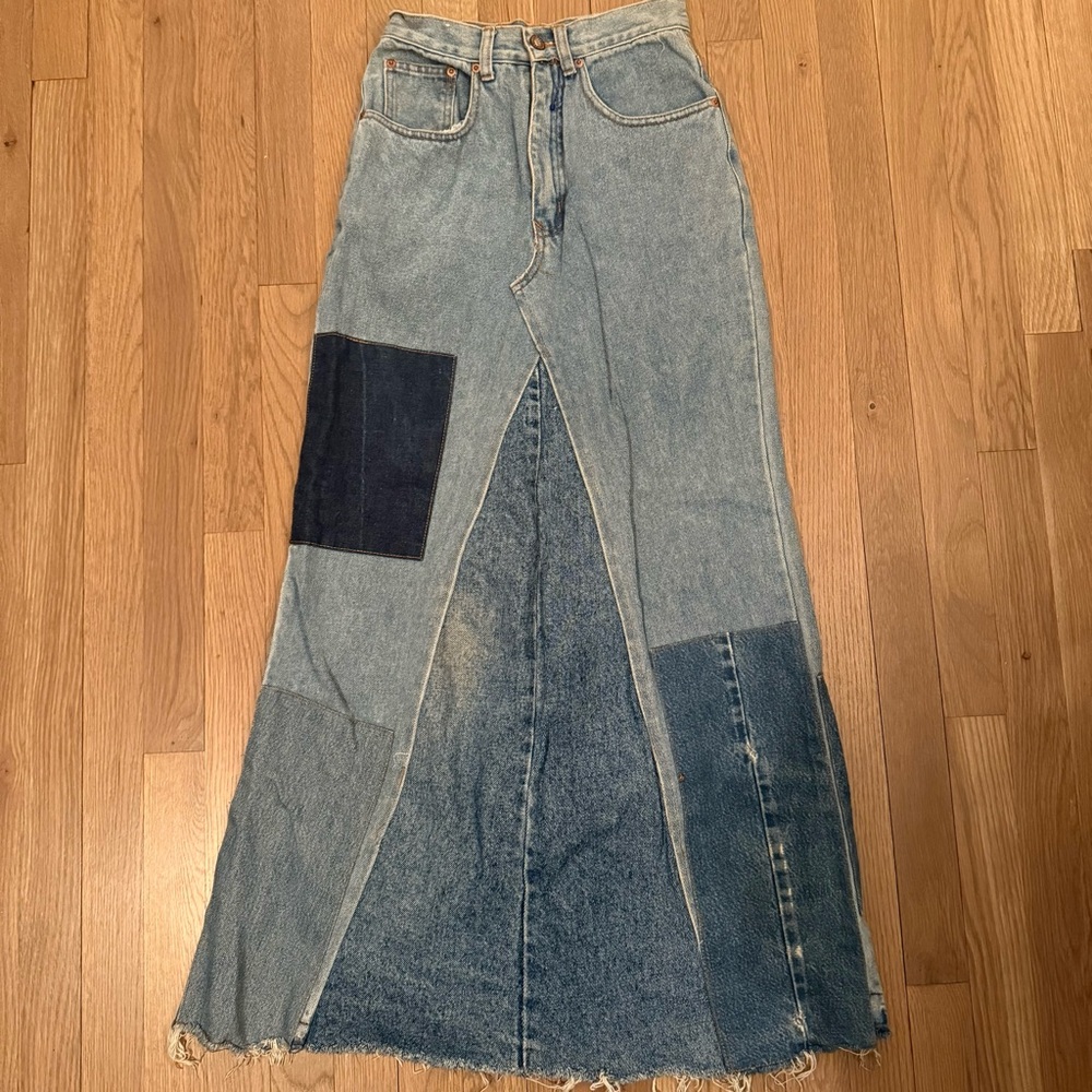 Reworked Upcycled Vintage Denim Maxi Patchwork Skirt